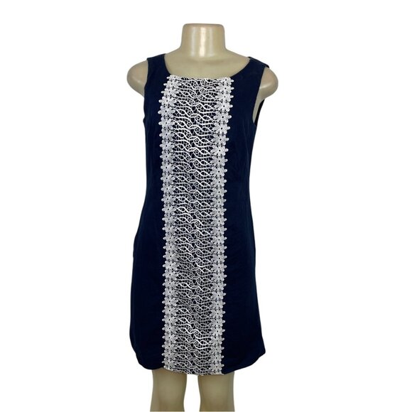 Carole Little Navy Sleeveless Linen Dress With White Lace Front Panel Size 4 - Picture 1 of 5